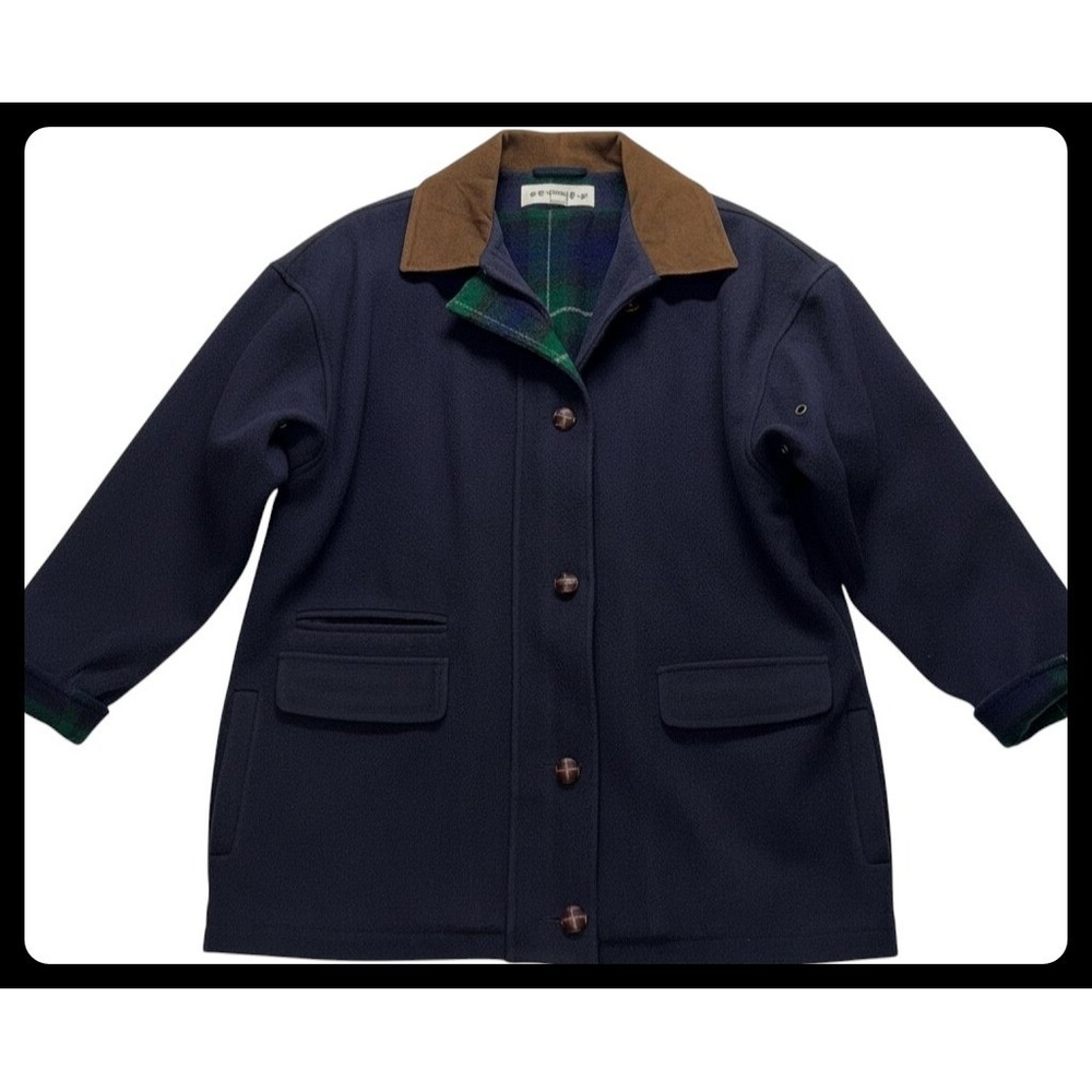 Trendz Wool Barn Coat Women M Navy Blue Leather Trim Plaid Lined Vintage Jacket
